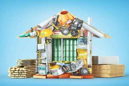 Collage von Baumaterial und Werkzeugen die zusammen ein Haus ergeben - Sachwertverfahren Immobilienbewertung
